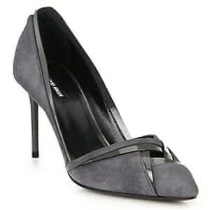 Georgio Armani Cutout Suede Patent Point-Toe Pumps Gray Taupe 3” Heel Sz 38